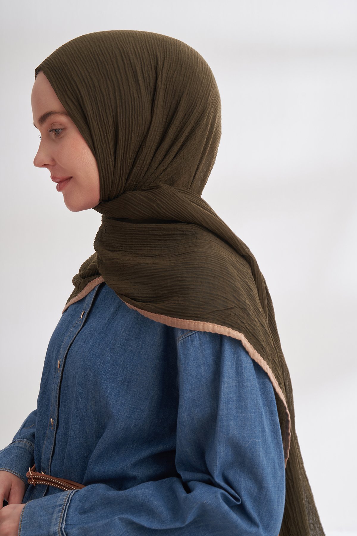 Müslin Biyeli Şal - Koyu Haki