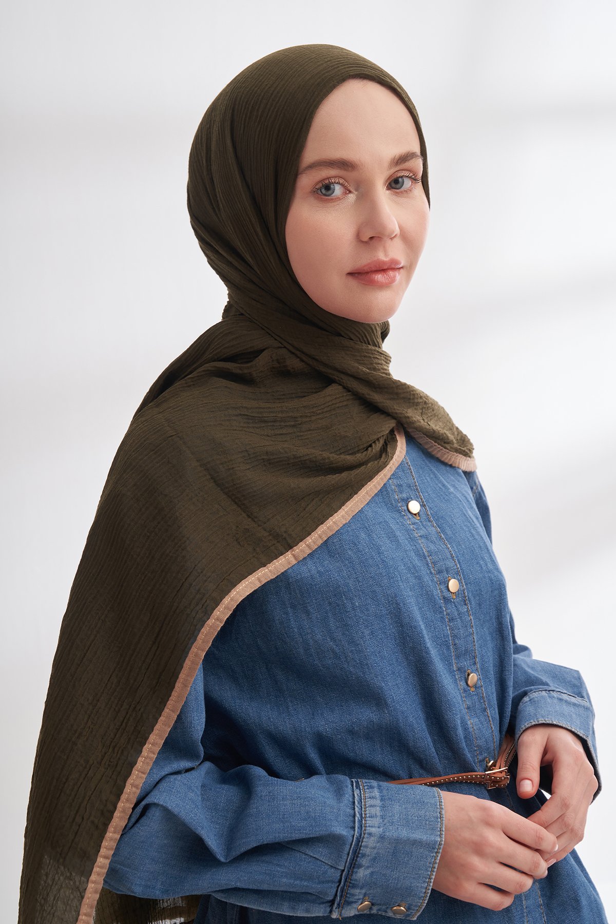 Müslin Biyeli Şal - Koyu Haki