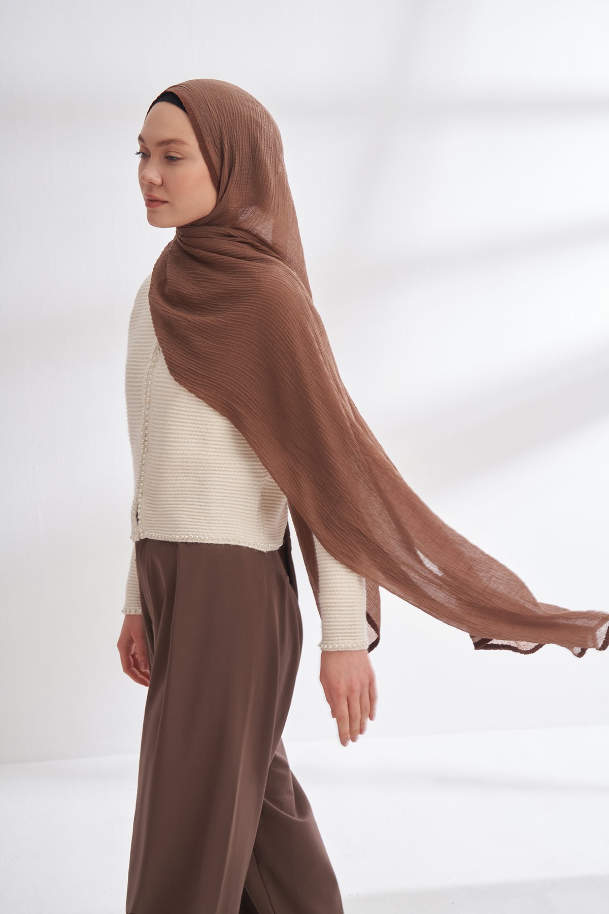 Müslin Biyeli Şal - Koyu Vizon