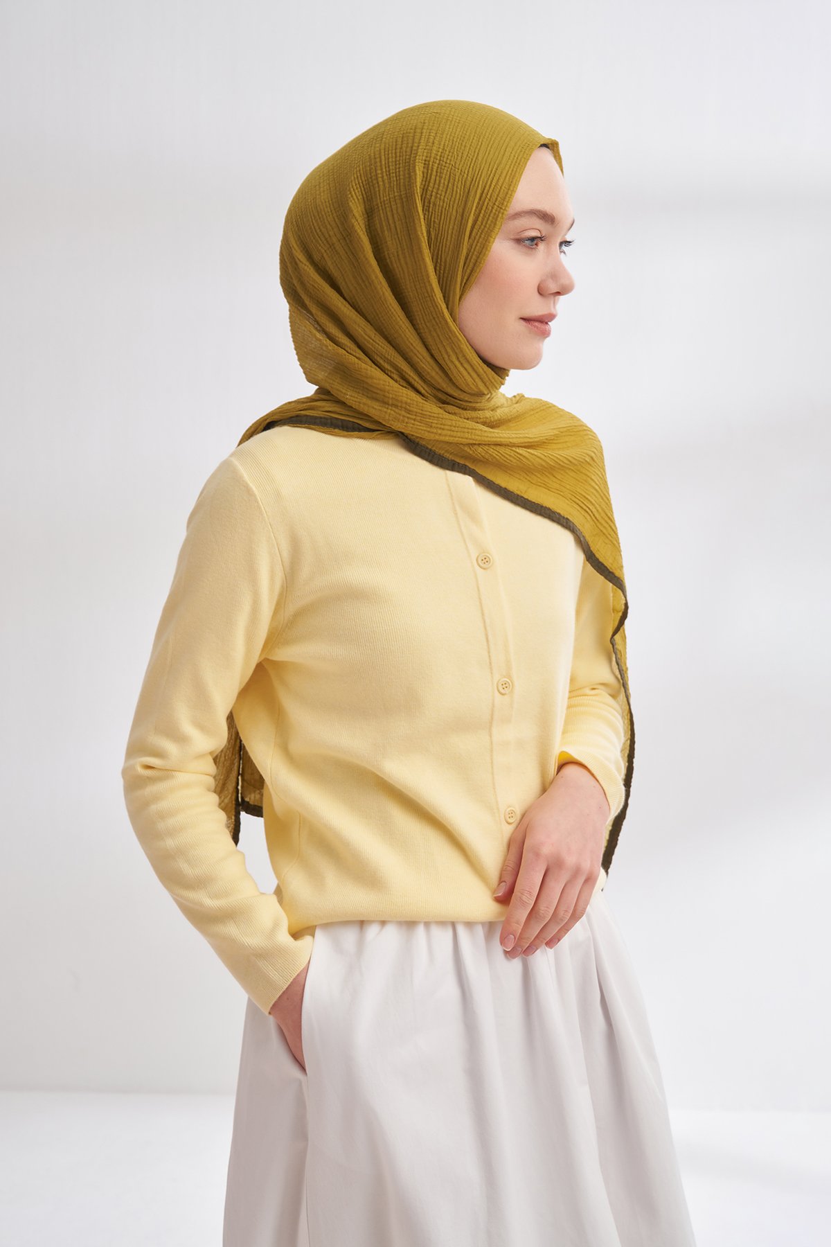 Müslin Biyeli Şal - Zeytin