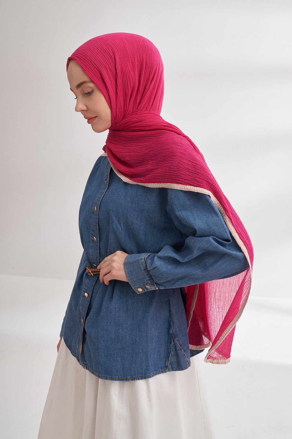 Müslin Biyeli Şal - Fuşya