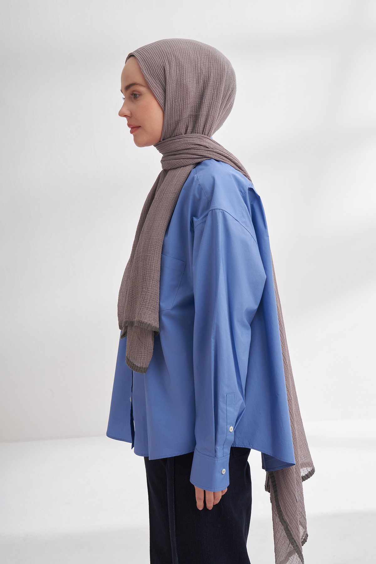 Müslin Biyeli Şal - Koyu Gri