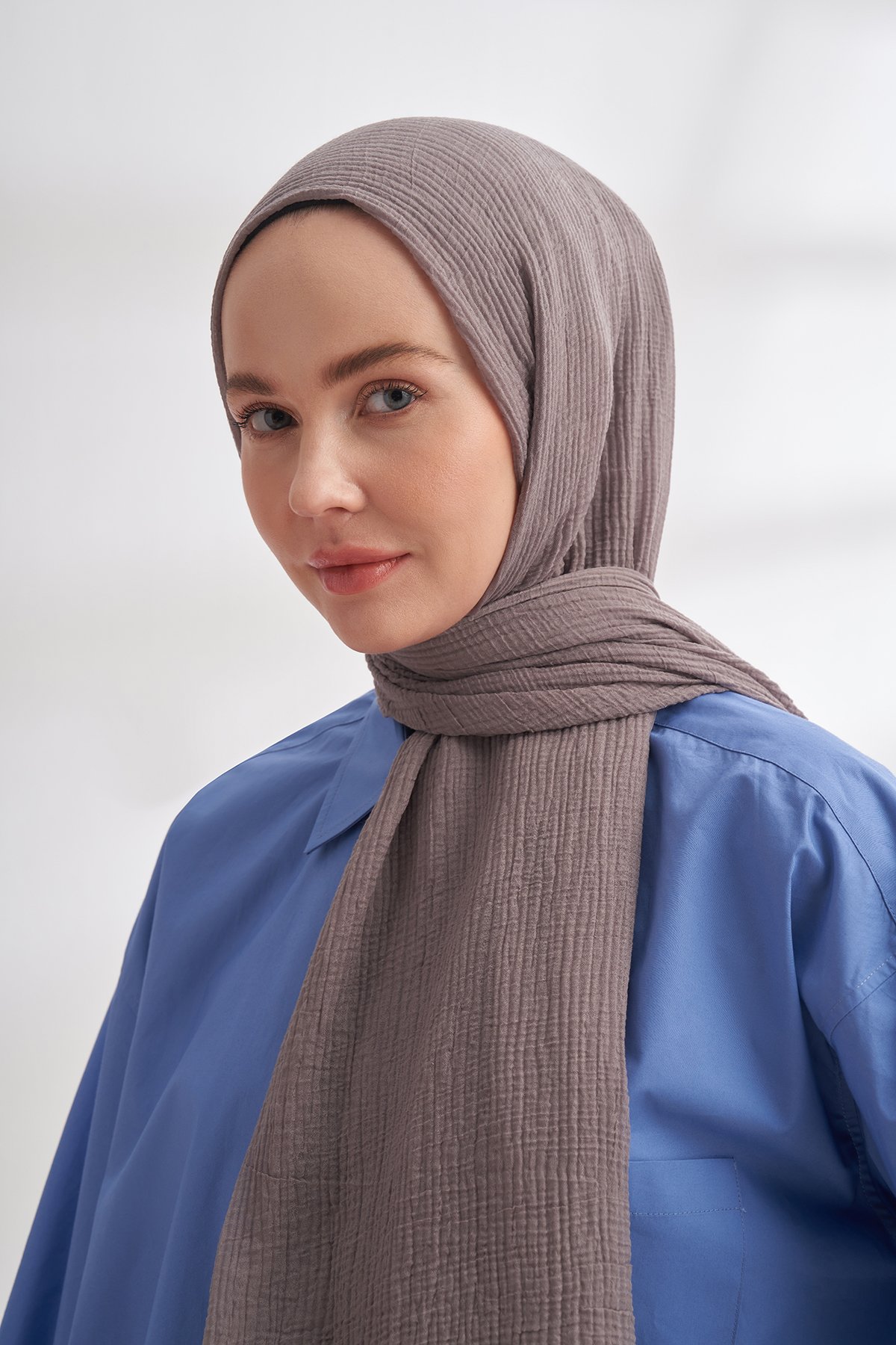 Müslin Biyeli Şal - Koyu Gri