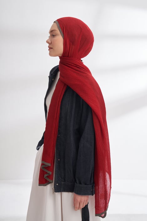 Müslin Biyeli Şal - Kırmızı