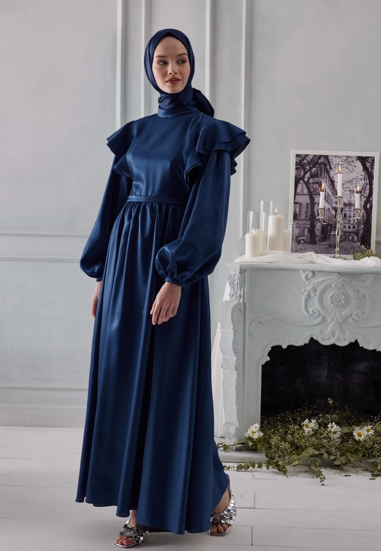 Janjanlı Şal - Gece Mavisi