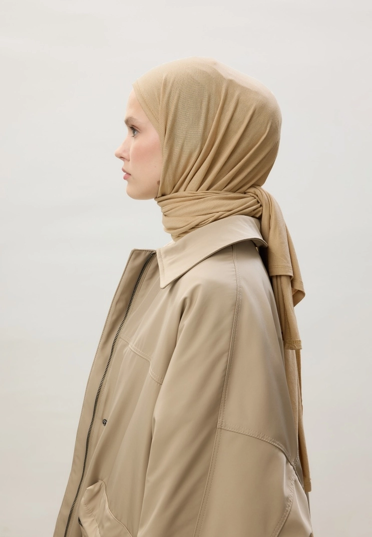 Kod Dikişli Penye Şal - Koyu Bej