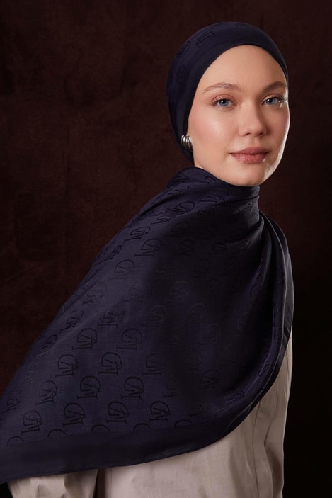 Kare LVD Baskılı Naia Jakar Şal - Koyu Lacivert 