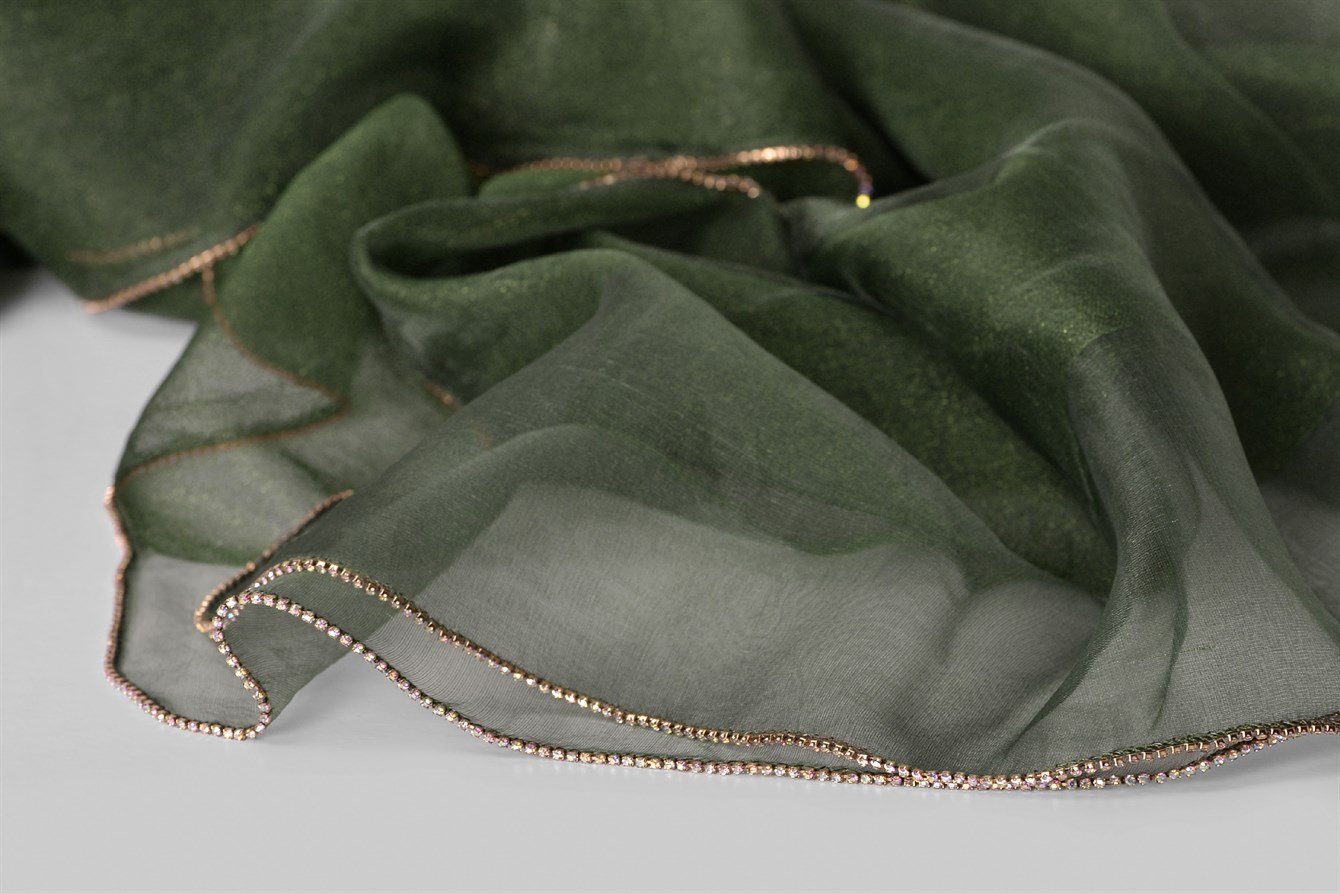 İpek Kenarı Taşlı Şal - Haki