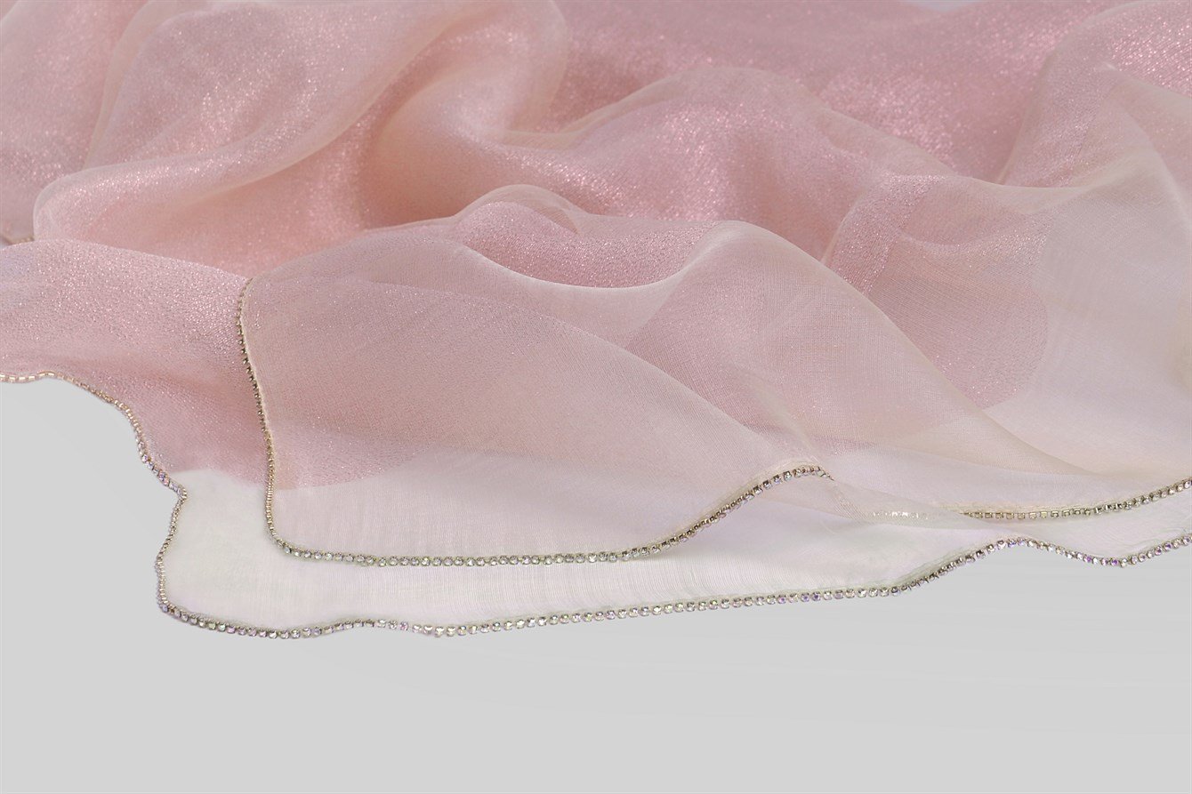 İpek Kenarı Taşlı Şal - Bej-Şeker Pembesi