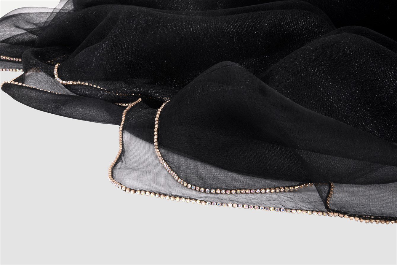 İpek Kenarı Taşlı Şal - Siyah